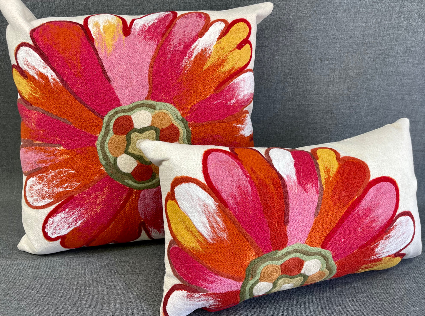 Luxury Outdoor Lumbar Pillow - 18" x 10" - Flower Power; Large flower with Red, Pink and Orange Petals with White and Yellow accents