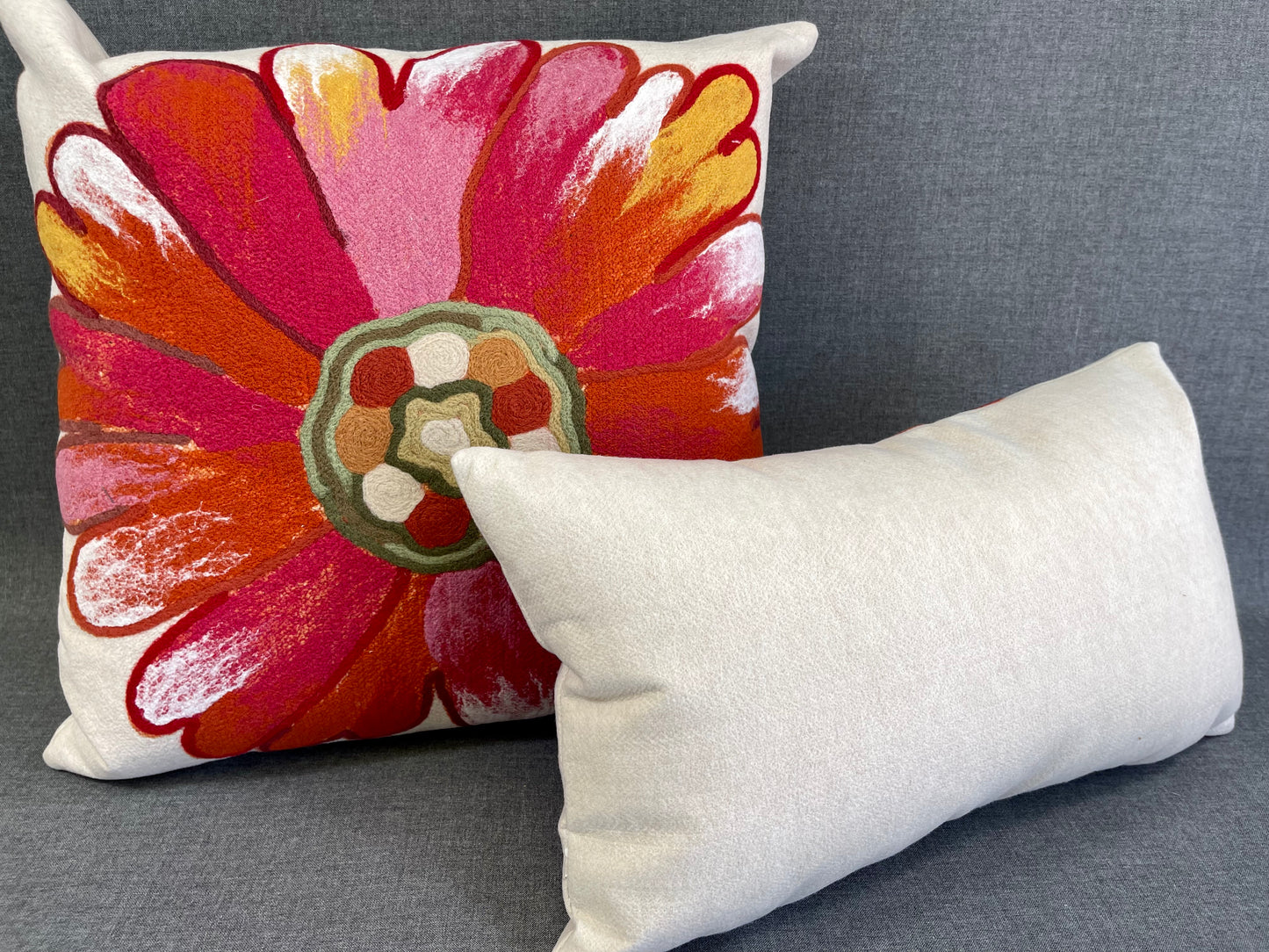 Luxury Outdoor Lumbar Pillow - 18" x 10" - Flower Power; Large flower with Red, Pink and Orange Petals with White and Yellow accents