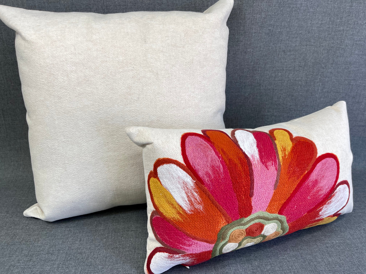 Luxury Outdoor Lumbar Pillow - 18" x 10" - Flower Power; Large flower with Red, Pink and Orange Petals with White and Yellow accents