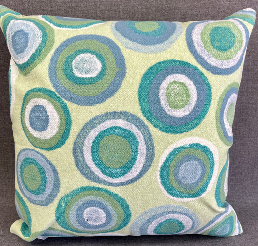 Outdoor Pillow - 18" x 18" - Lillypad; Circles of Green, White and Turquoise on a yellow/green background