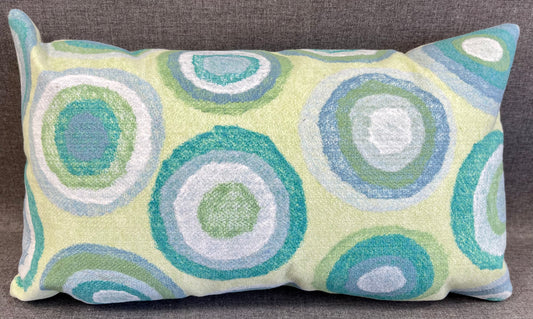 Luxury Outdoor Lumbar Pillow - 18" x 10" - Lillypad; Circles of Green, White and Turquoise on a yellow/green background