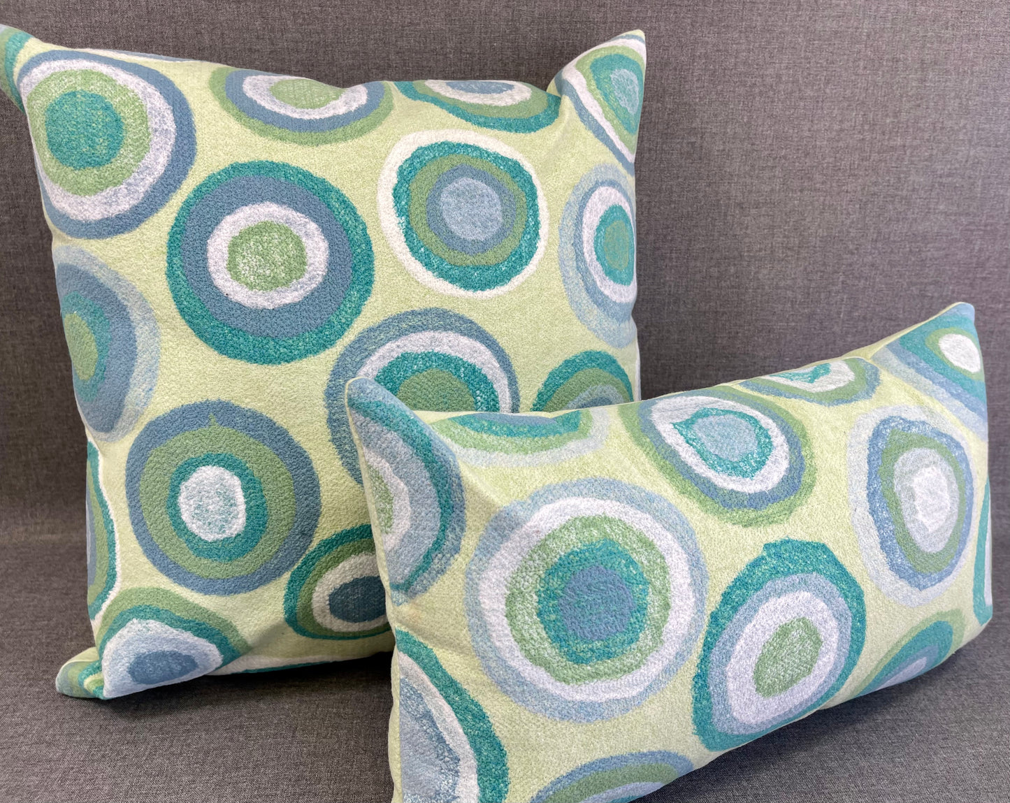 Luxury Outdoor Lumbar Pillow - 18" x 10" - Lillypad; Circles of Green, White and Turquoise on a yellow/green background