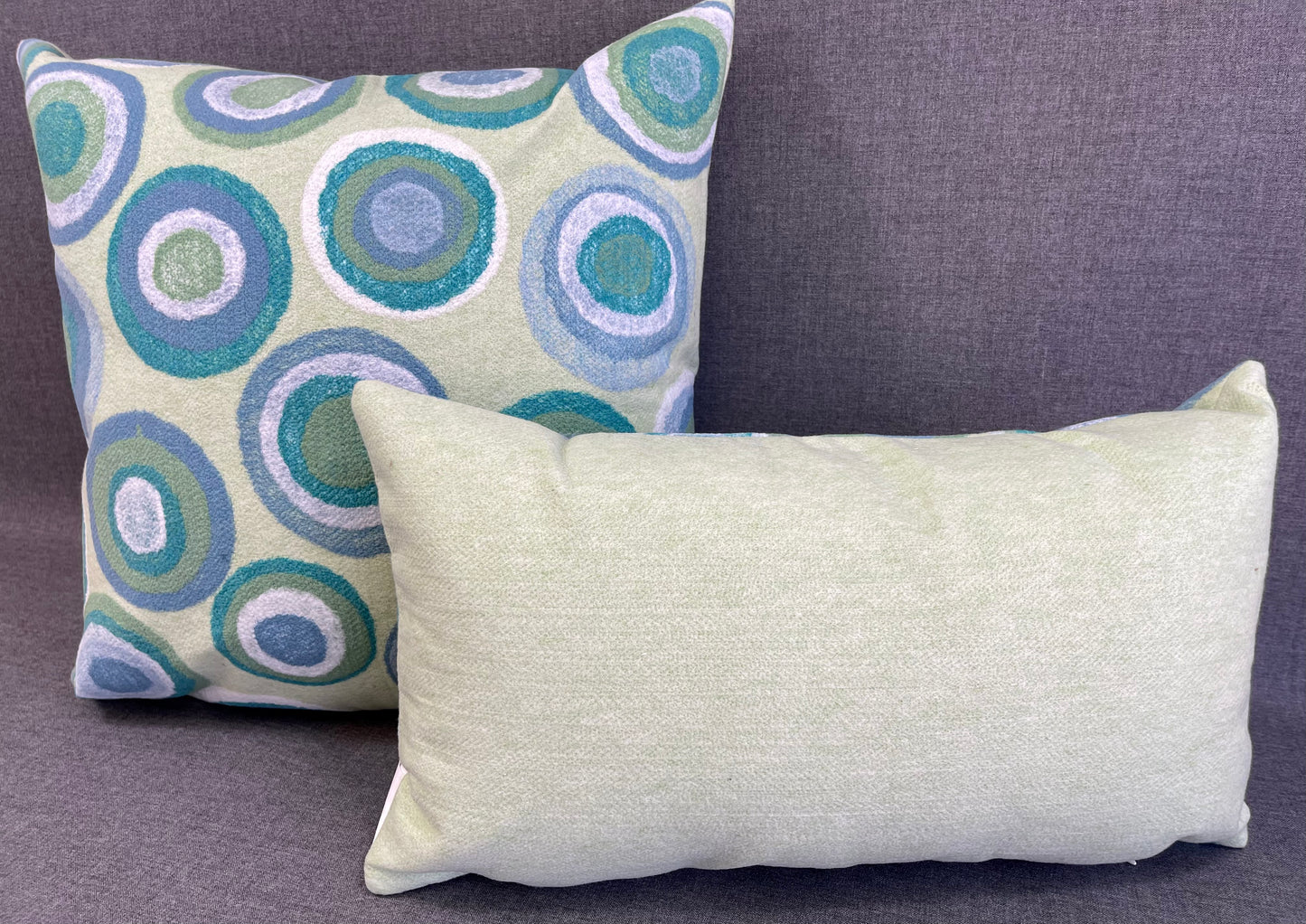 Luxury Outdoor Lumbar Pillow - 18" x 10" - Lillypad; Circles of Green, White and Turquoise on a yellow/green background