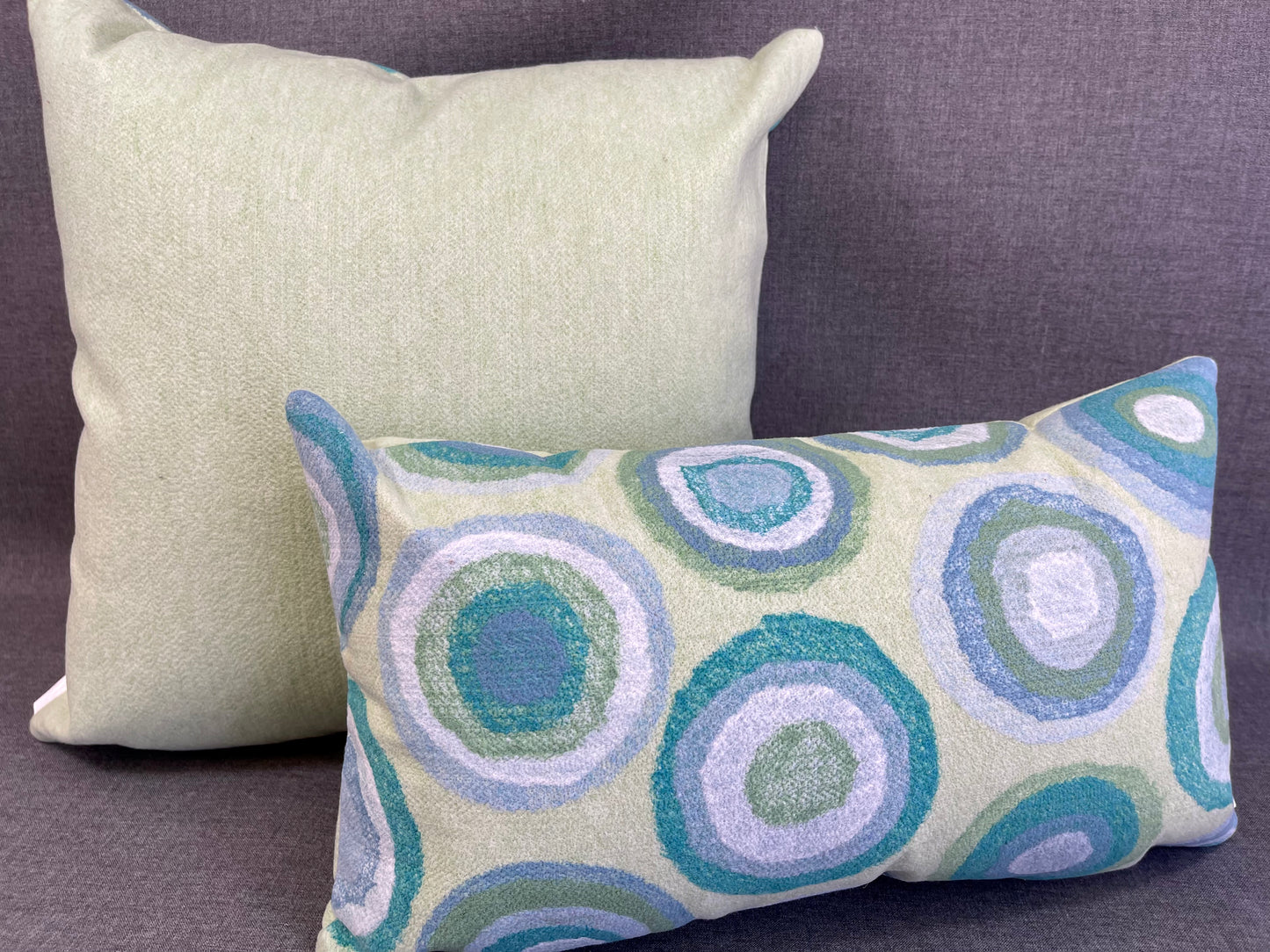Outdoor Pillow - 18" x 18" - Lillypad; Circles of Green, White and Turquoise on a yellow/green background