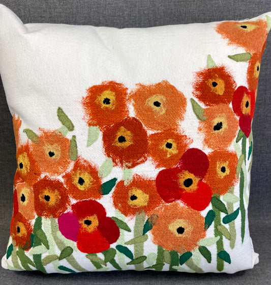 Luxury Outdoor Pillow - 18" x 18" - California Poppy; Cute flowers of red and orange on a white background, surrounded by green leaves