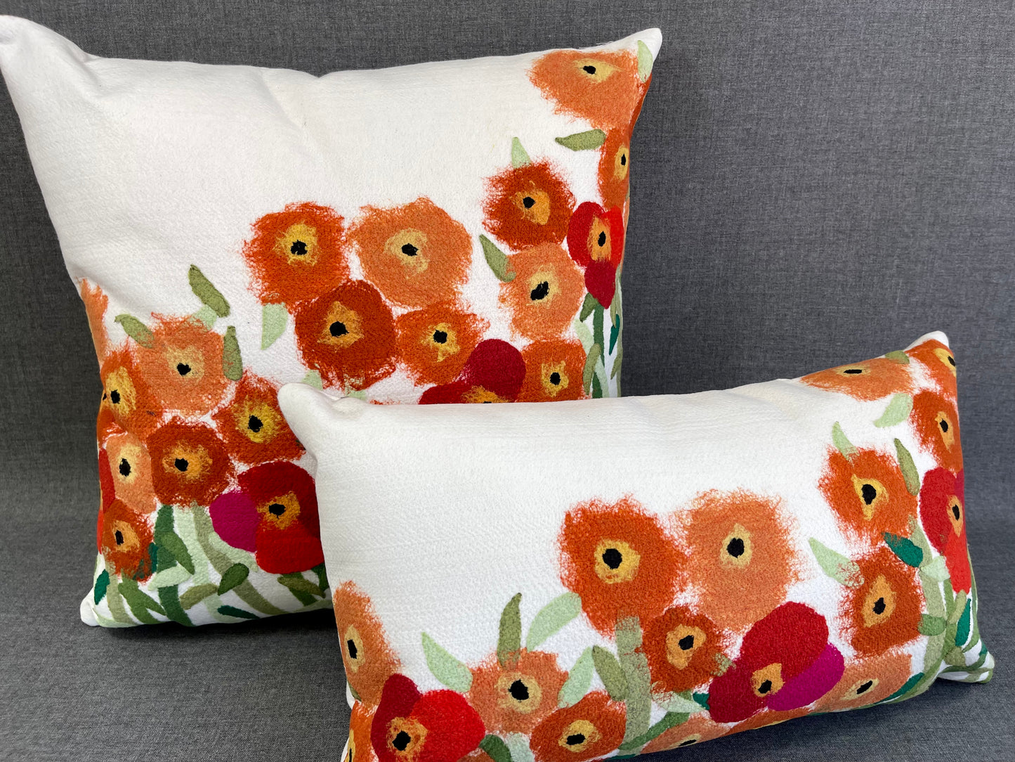 Luxury Outdoor Pillow - 18" x 18" - California Poppy; Cute flowers of red and orange on a white background, surrounded by green leaves