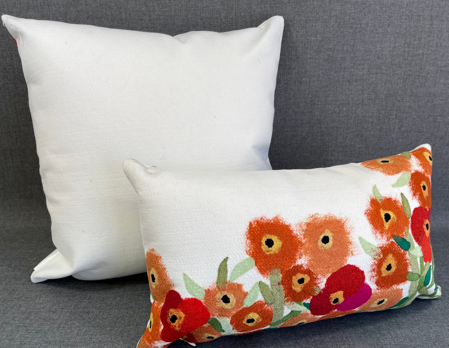 Luxury Outdoor Pillow - 18" x 18" - California Poppy; Cute flowers of red and orange on a white background, surrounded by green leaves