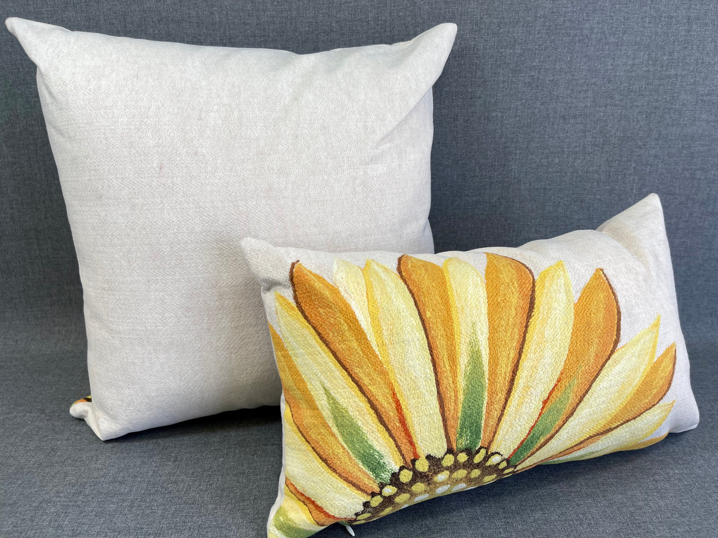 Luxury Outdoor Lumbar Pillow - 18" x 10" - Sunflower Fields; A Large Sunflower on a burlap colored background