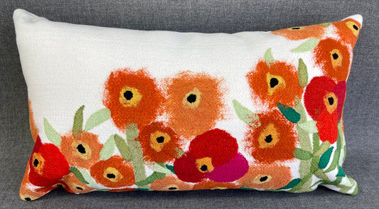 Luxury Outdoor Lumbar Pillow - 18" x 10" - California Poppy; Cute flowers of red and orange on a white background, surrounded by green leaves