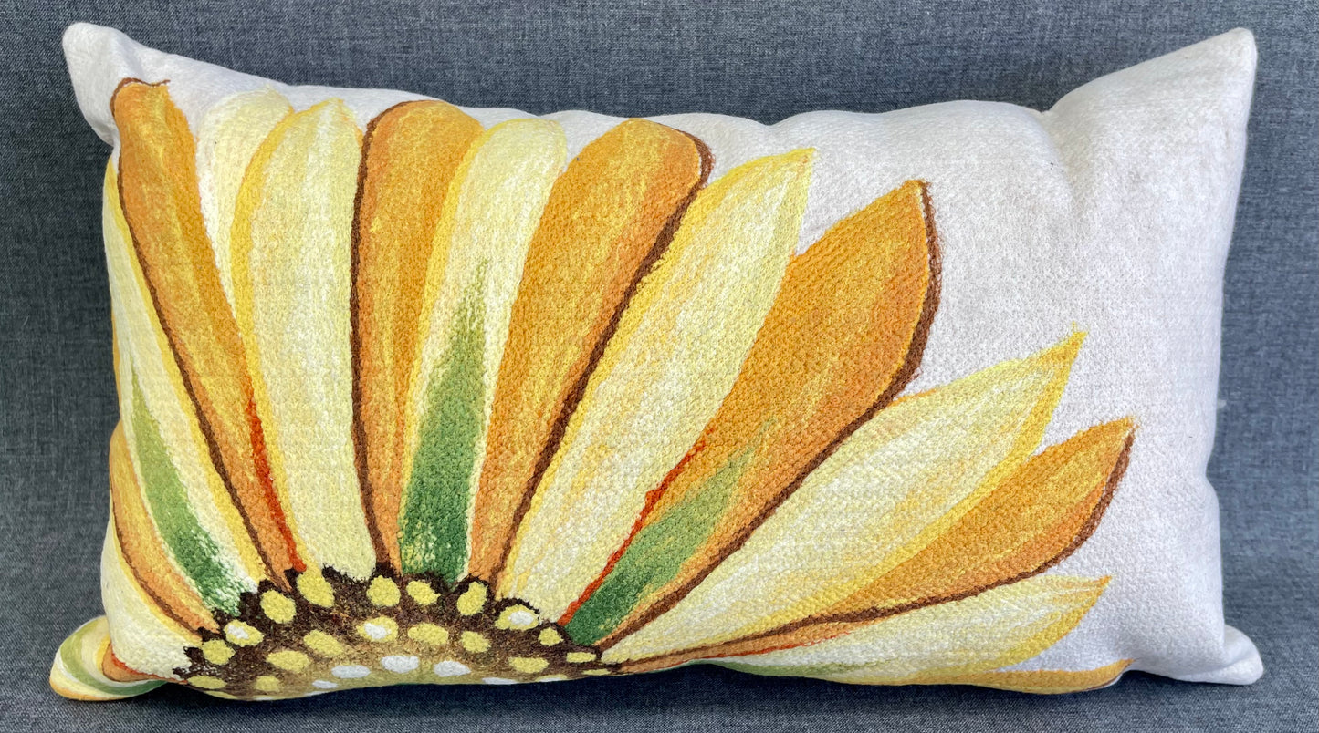 Luxury Outdoor Lumbar Pillow - 18" x 10" - Sunflower Fields; A Large Sunflower on a burlap colored background