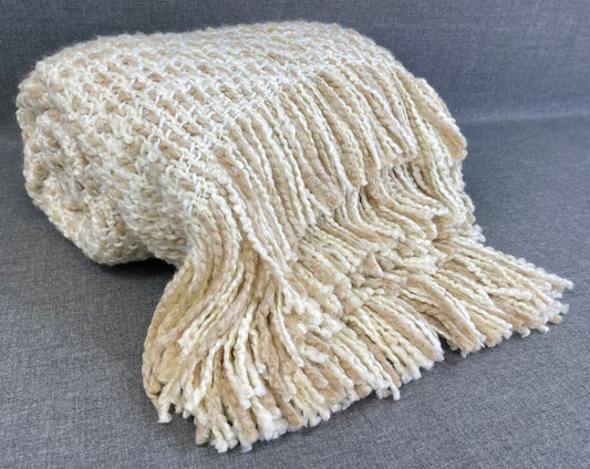 Luxury Knit Throw - 52" x 62" -  Oatmeal; velvety soft knit throw in a lovely cream and tan stripe knit