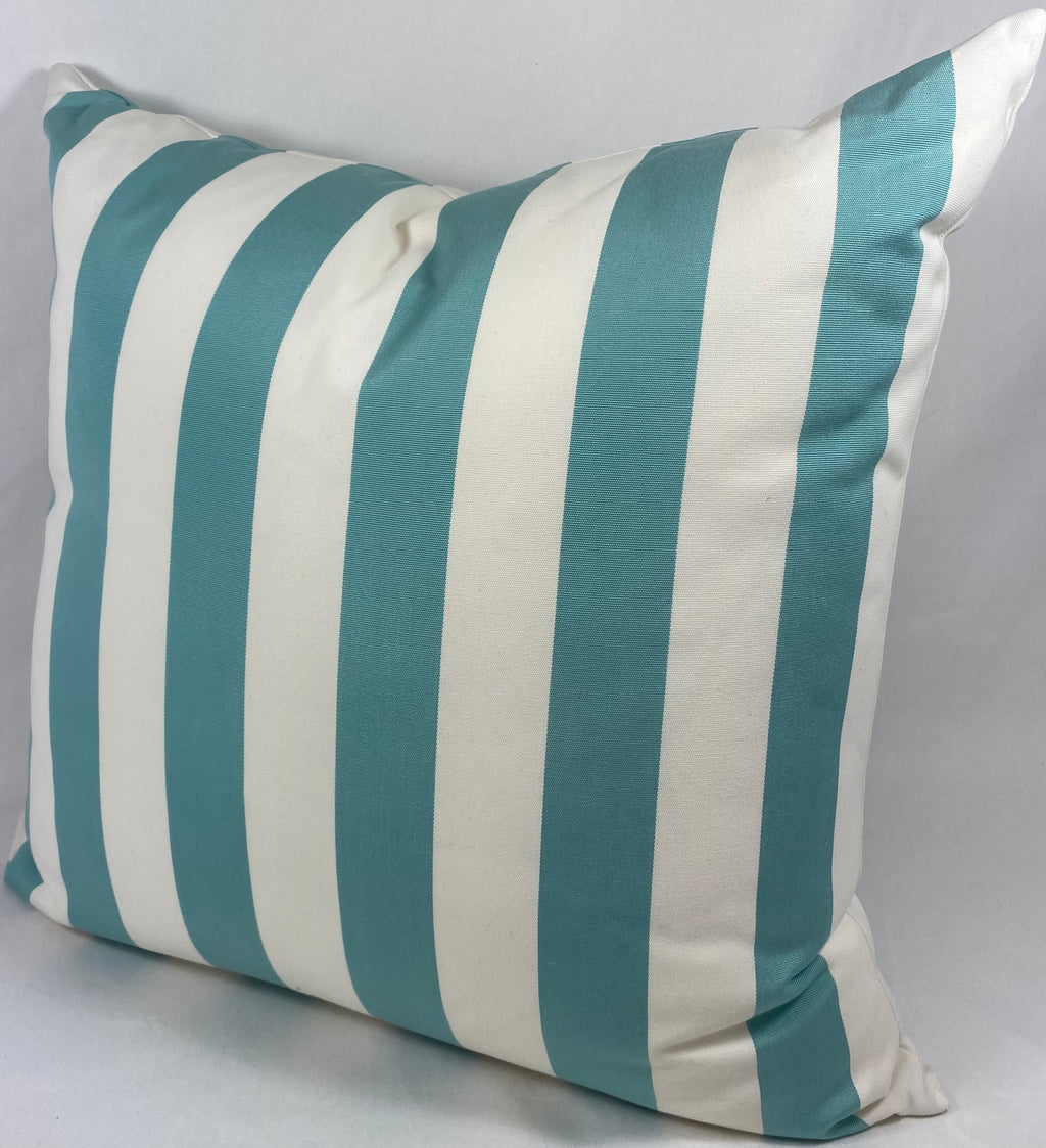 Luxury Outdoor Pillow – 22" × 22" – Cafe Stripe Aqua