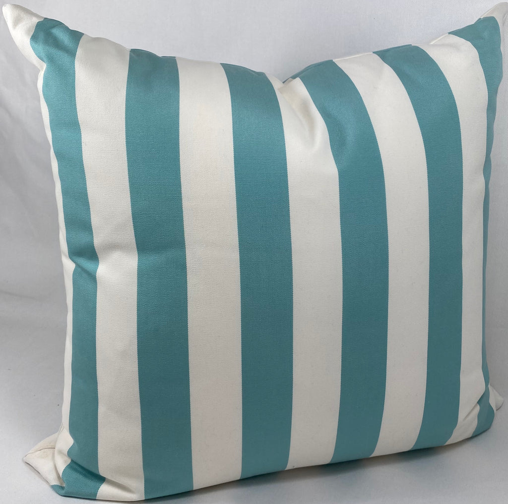 Luxury Outdoor Pillow – 22" × 22" – Cafe Stripe Aqua