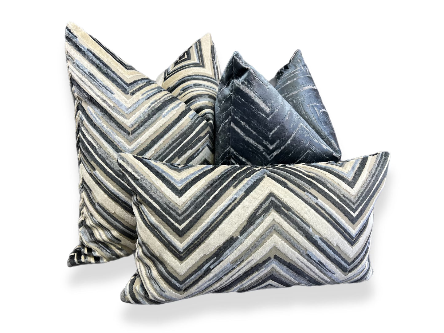 Luxury Pillow -  24" x 24" -  Del Mar-Blue; Chevrons in washed denim blue velvet and silky creams