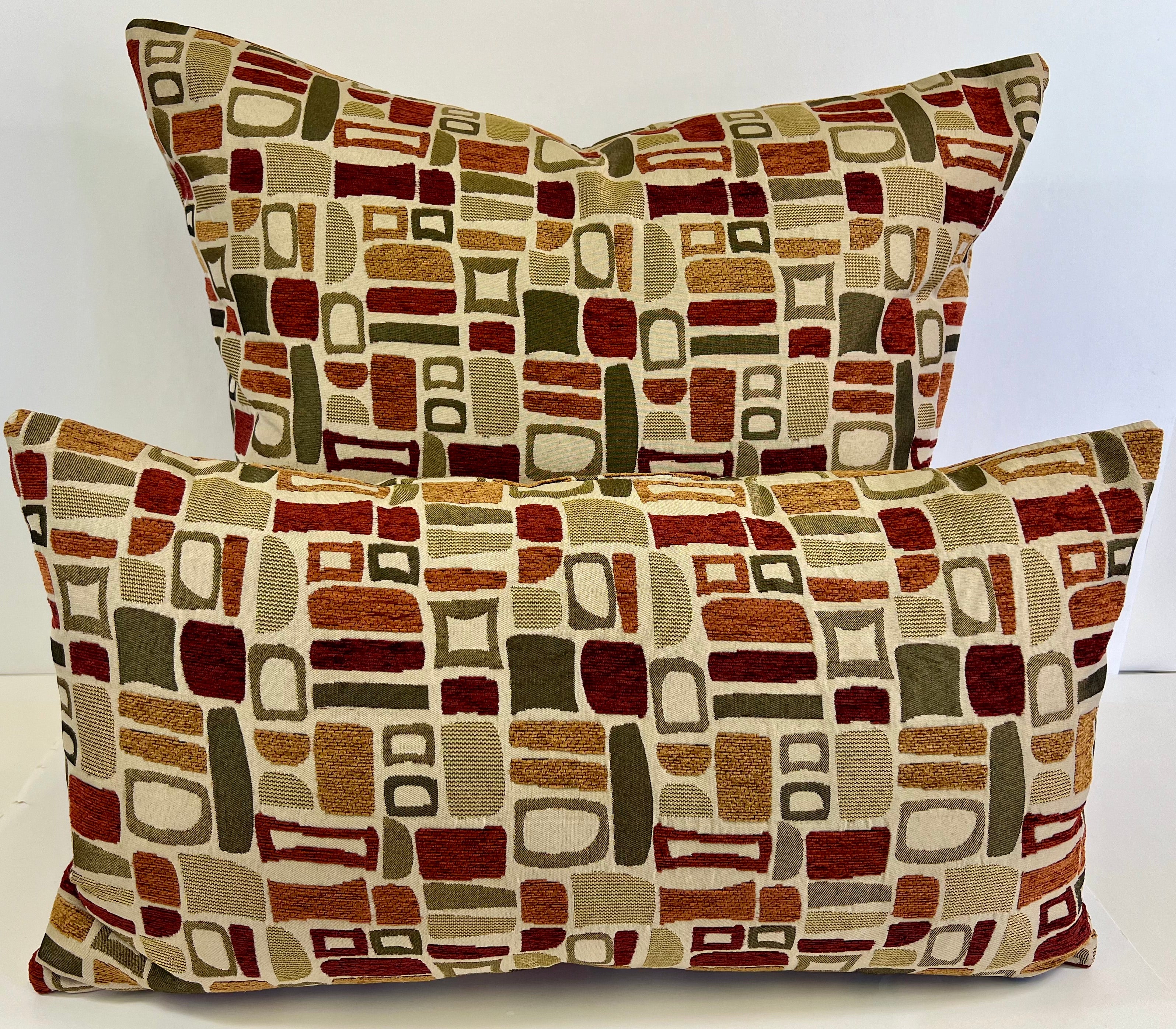 Luxury Lumbar Pillow - 24" x 14" - Modernism Palm Springs Inspired Geometric Patterns In Deep Reds Orange And Greens On A Cream Background
