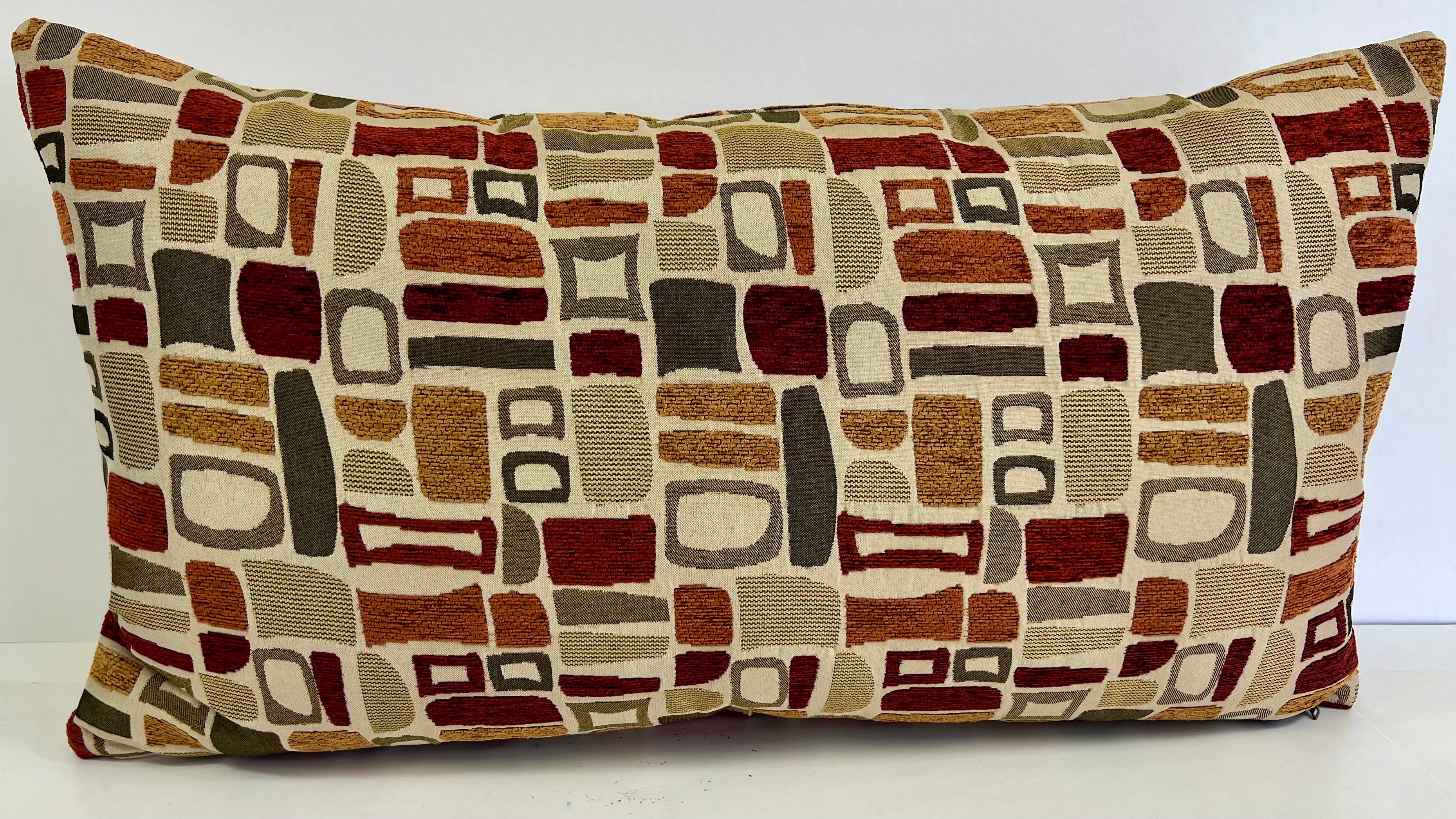 Luxury Lumbar Pillow - 24" x 14" - Modernism Palm Springs Inspired Geometric Patterns In Deep Reds Orange And Greens On A Cream Background
