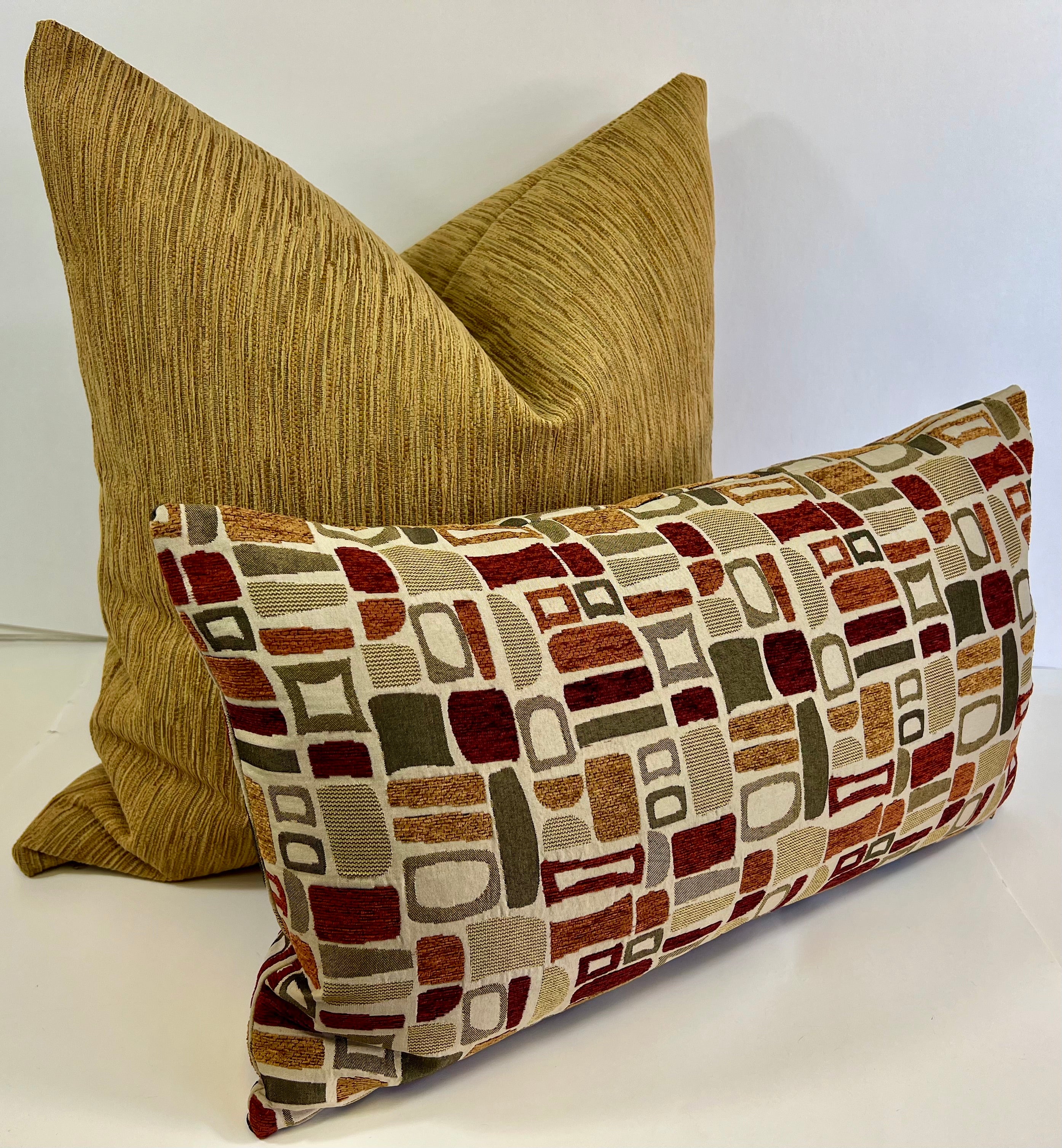 Luxury Lumbar Pillow - 24" x 14" - Modernism Palm Springs Inspired Geometric Patterns In Deep Reds Orange And Greens On A Cream Background