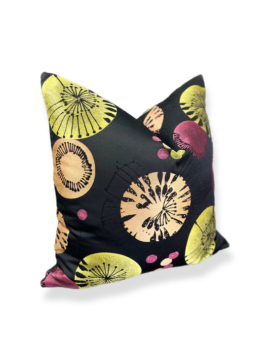 Luxury Pillow; 24" x 24" - Solar Splash; Vibrant splashes of circular color embroidered over a black background