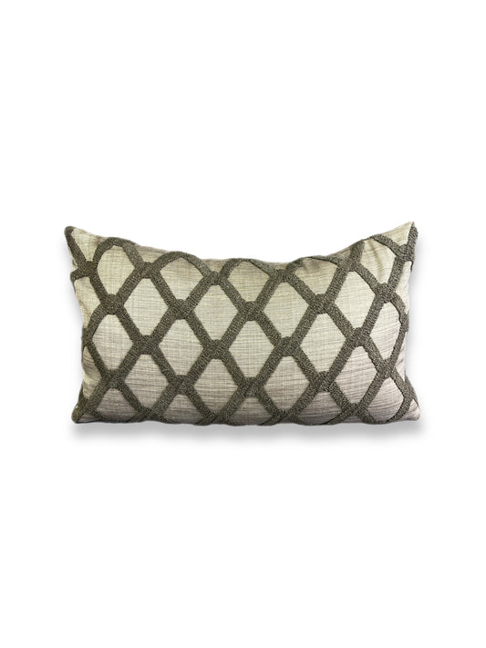 Luxury Lumbar Pillow - 24” x 14” - Mocha Dream; mocha brown textural geometric patterns on top of a dreamy taupe woven background