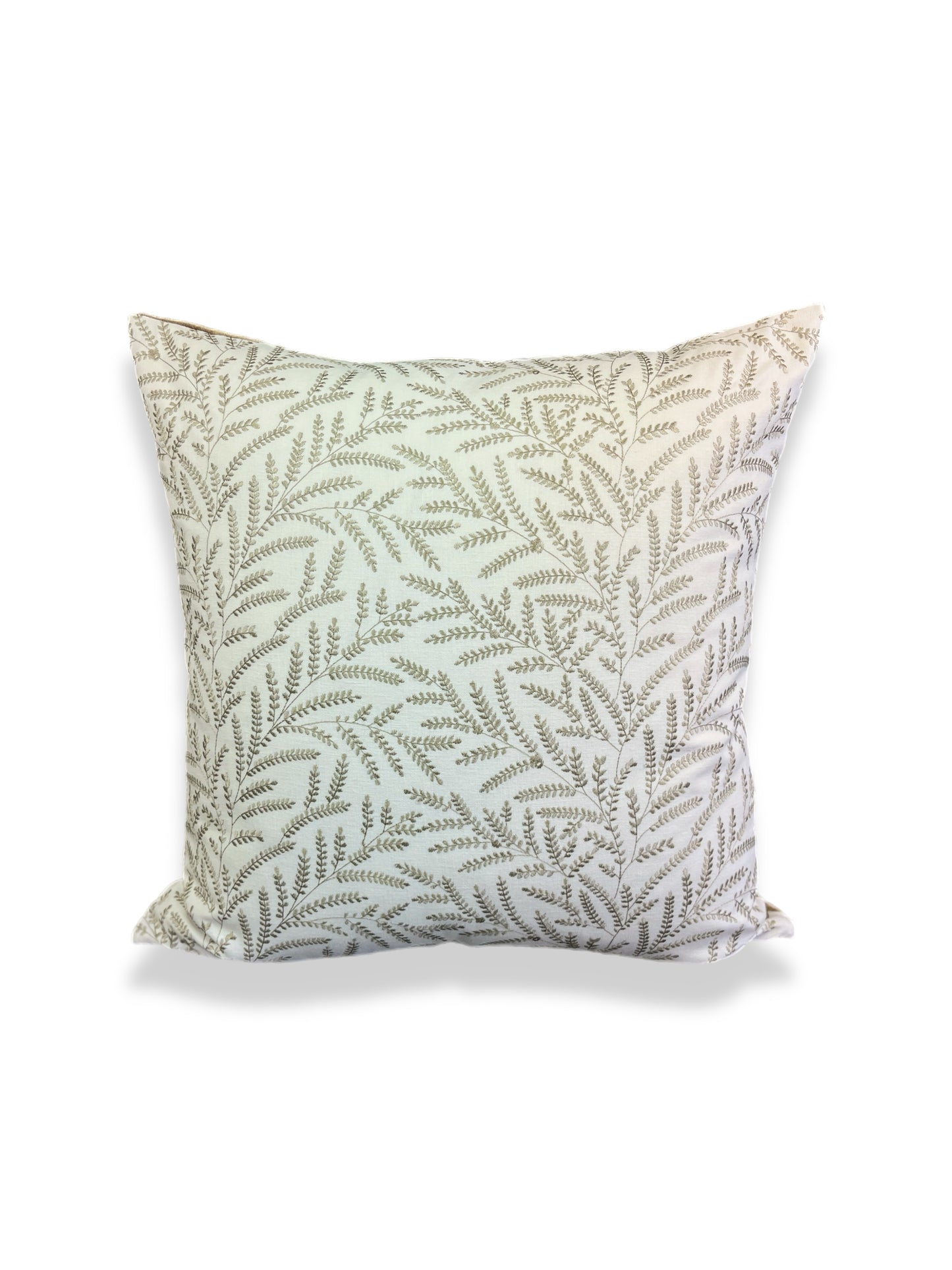 Luxury Pillow - 24” x 24” - Fern-Taupe; Elegantly embroidered fern leaves in taupe over a white background accompanied by a solid brown velvet back