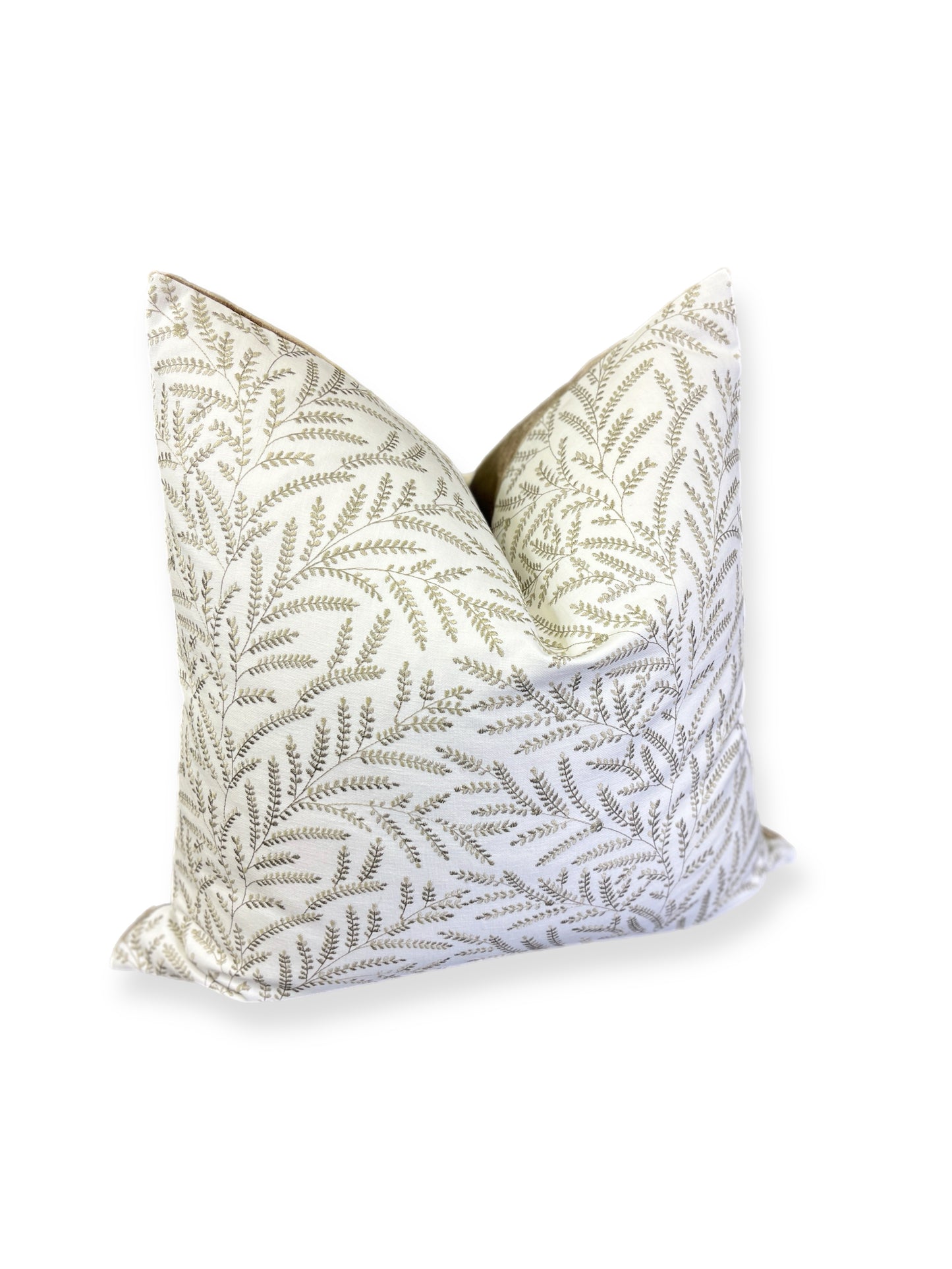 Luxury Pillow - 24” x 24” - Fern-Taupe; Elegantly embroidered fern leaves in taupe over a white background accompanied by a solid brown velvet back