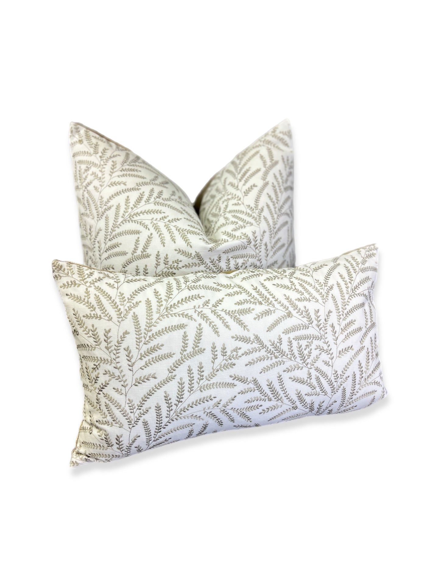 Luxury Pillow - 24” x 24” - Fern-Taupe; Elegantly embroidered fern leaves in taupe over a white background accompanied by a solid brown velvet back