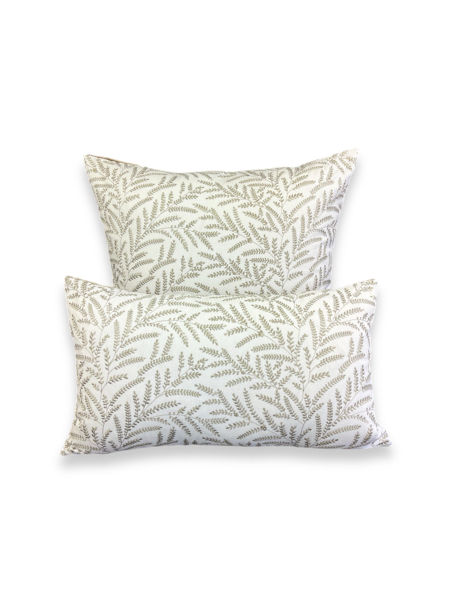 Luxury Pillow - 24” x 24” - Fern-Taupe; Elegantly embroidered fern leaves in taupe over a white background accompanied by a solid brown velvet back