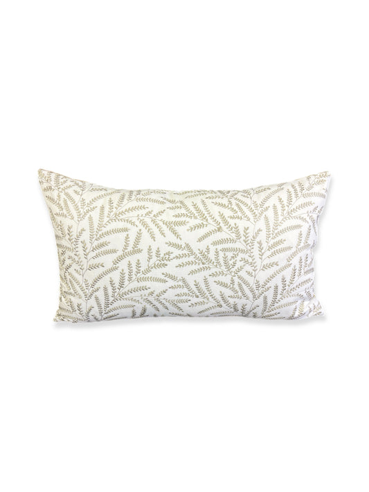 Luxury Lumbar Pillow - 24” x 14” - Fern-Taupe; Elegantly embroidered fern leaves in taupe over a white background accompanied by a solid brown velvet back