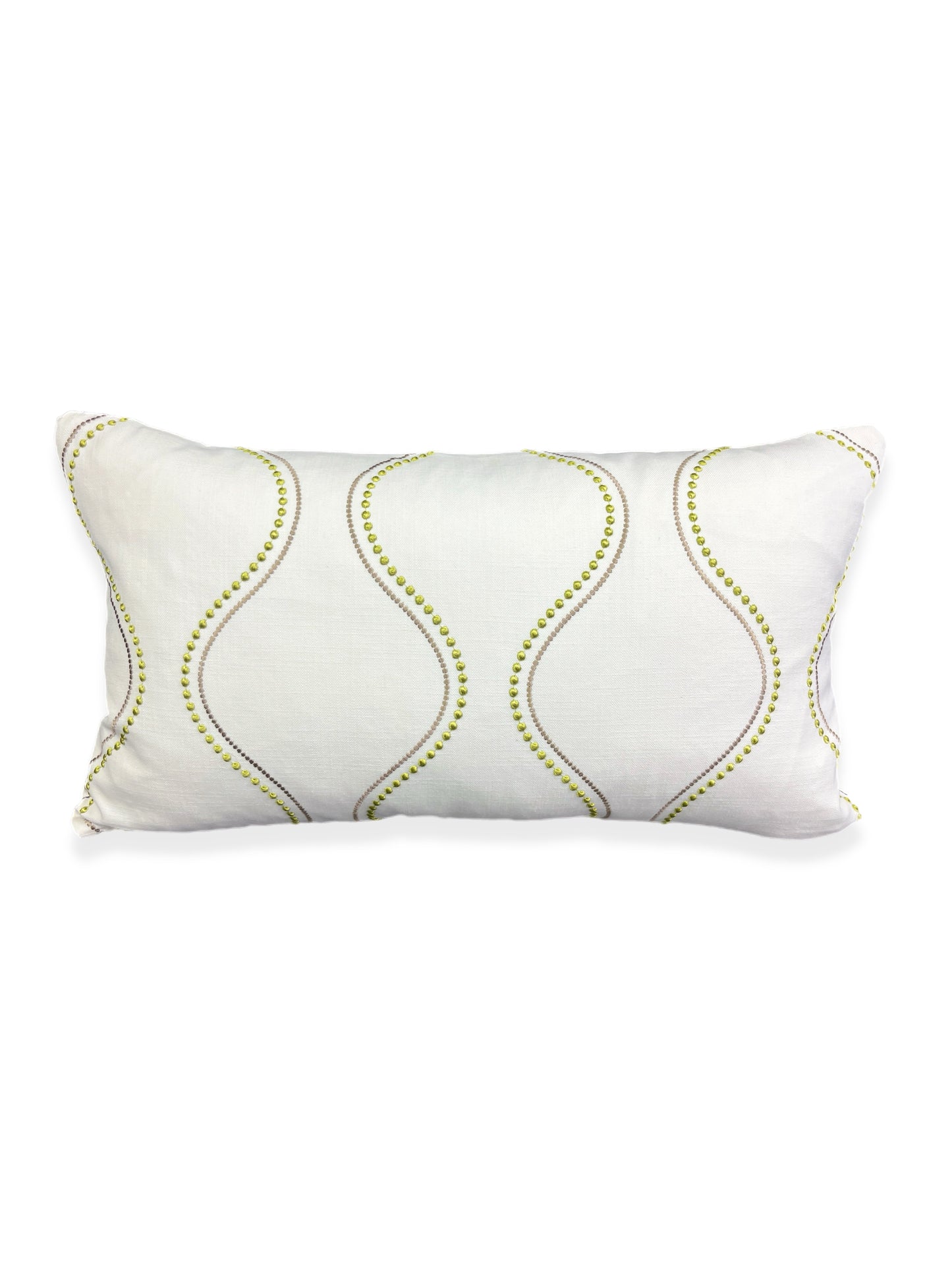 Luxury Lumbar Pillow - 24" x 14" - String of Pearls-Lumbar; Embroidered design of succulent green dots and complimentary taupe lining on a crisp white background