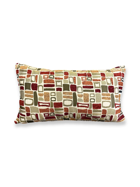 Luxury Lumbar Pillow - 24" x 14" -  Modernism; Palm Springs inspired geometric patterns in deep reds, orange and greens on a cream background