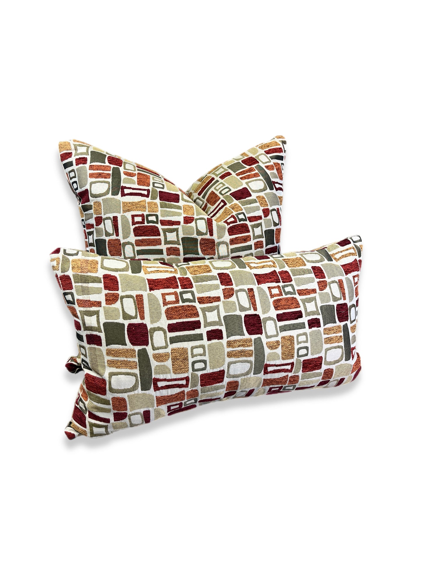 Luxury Lumbar Pillow - 24" x 14" -  Modernism; Palm Springs inspired geometric patterns in deep reds, orange and greens on a cream background