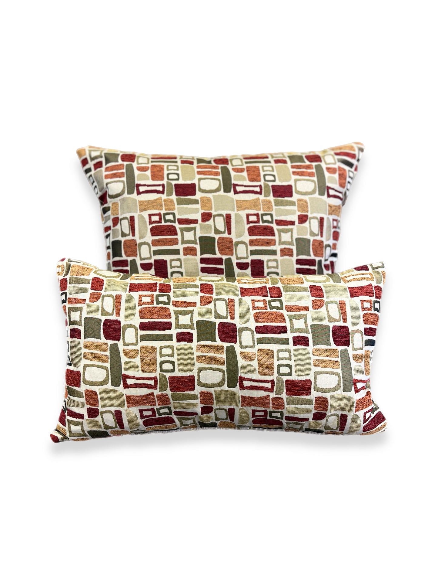 Luxury Lumbar Pillow - 24" x 14" -  Modernism; Palm Springs inspired geometric patterns in deep reds, orange and greens on a cream background