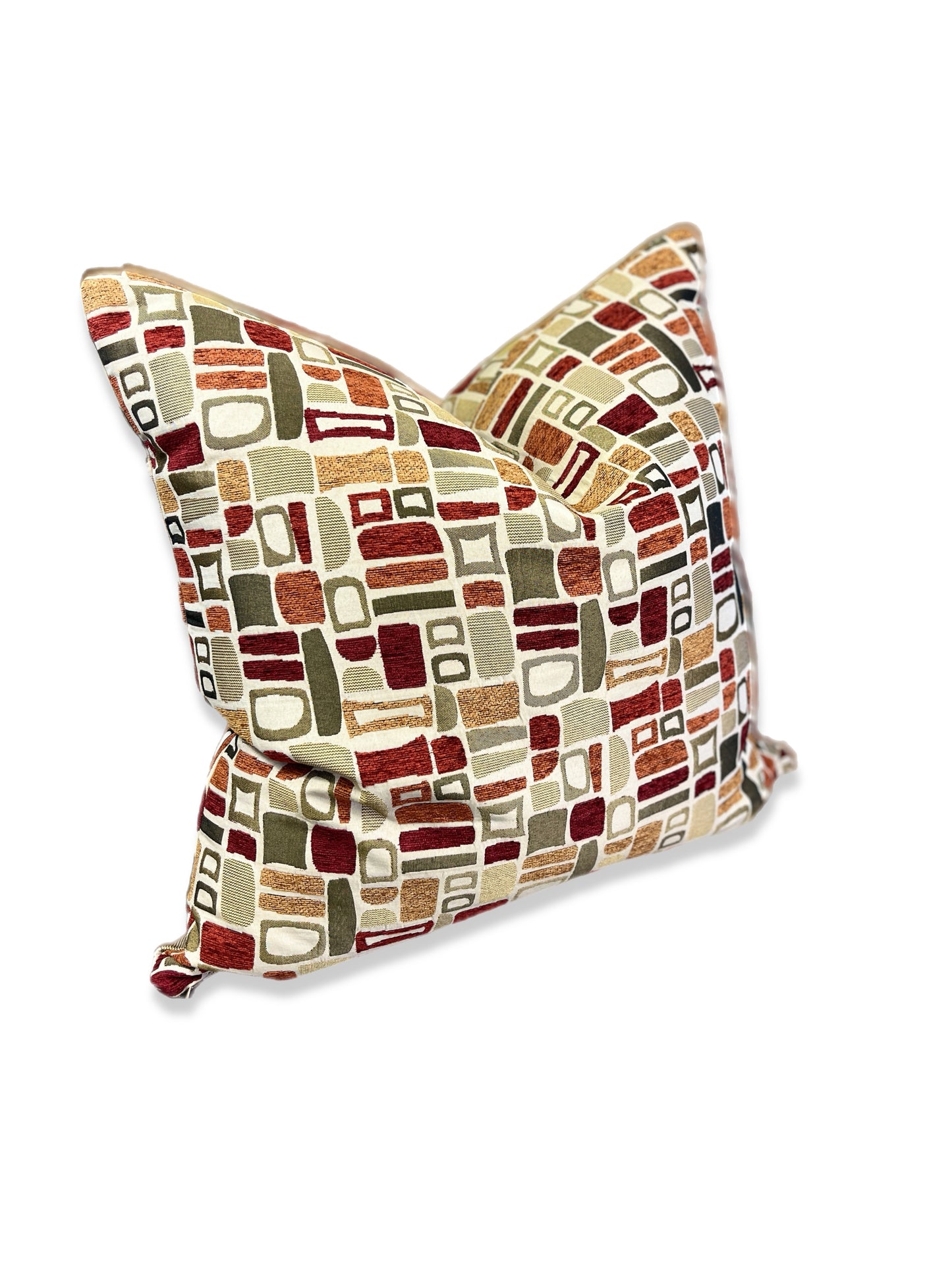 Luxury Pillow -  24" x 24" -  Modernism; Palm Springs inspired geometric patterns in deep reds, orange and greens on a cream background