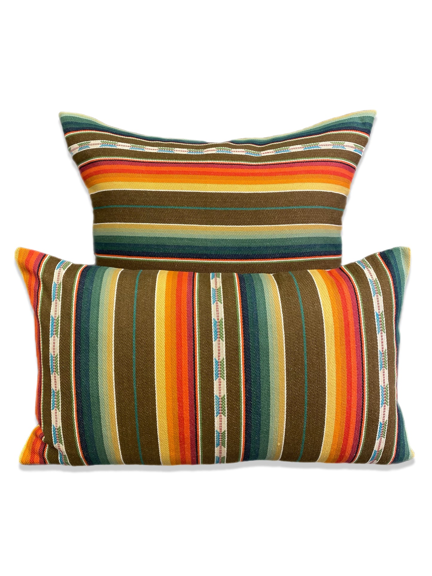 Luxury Pillow -  24" x 24" - Native-Earth ; Native motifs beautifully woven amongst stripes of brown, black, tans, yellows, greens, blues, and reds