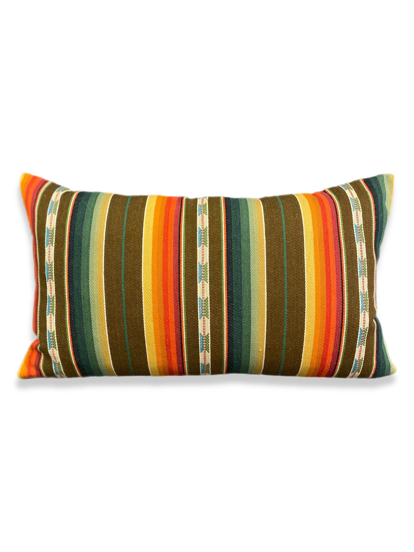 Luxury Lumbar Pillow - 24" x 14" - Native-Earth; Native motifs beautifully woven amongst stripes of brown, black, tans, yellows, greens, blues, and reds