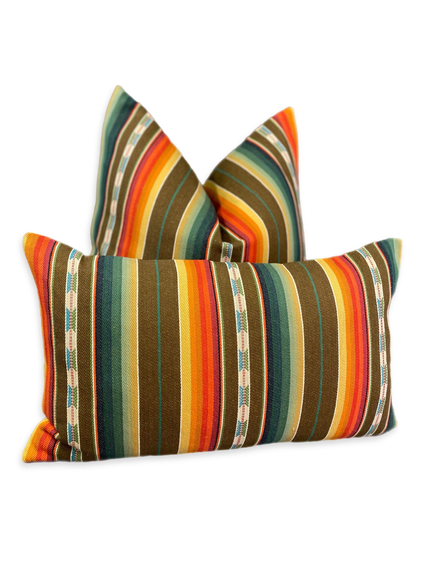 Luxury Pillow -  24" x 24" - Native-Earth ; Native motifs beautifully woven amongst stripes of brown, black, tans, yellows, greens, blues, and reds