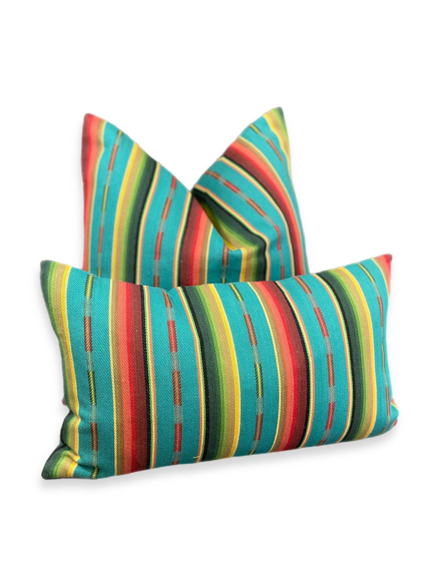 Luxury Lumbar Pillow - 24" x 14" - Native-Turquoise; beautiful woven stripes of turquoise, black, oranges, yellows, greens, blues, and reds