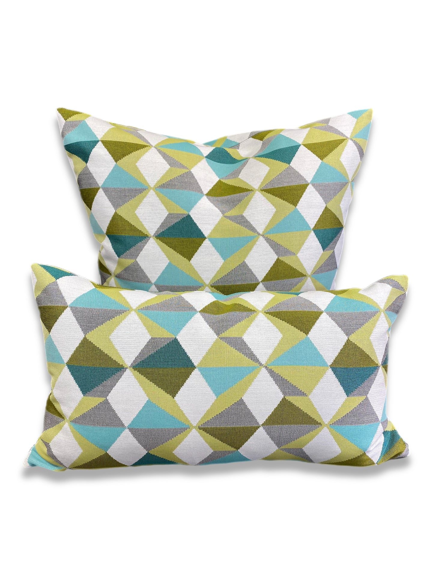 Luxury Pillow -  24" x 24" -  Movie Colony- A classic Palm Springs color pallet of lime, teal, turquoise, and gray on a bright white background in a modernistic geometric pattern