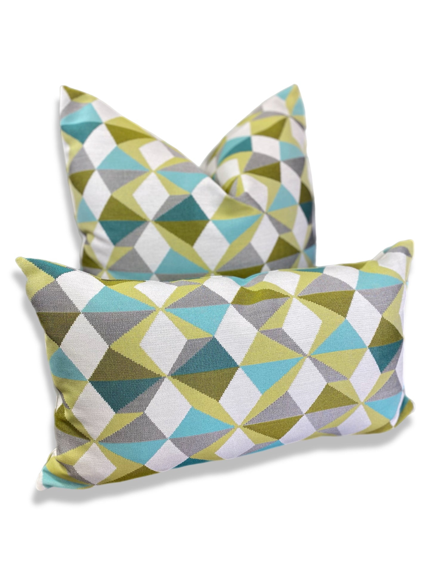 Luxury Pillow -  24" x 24" -  Movie Colony- A classic Palm Springs color pallet of lime, teal, turquoise, and gray on a bright white background in a modernistic geometric pattern