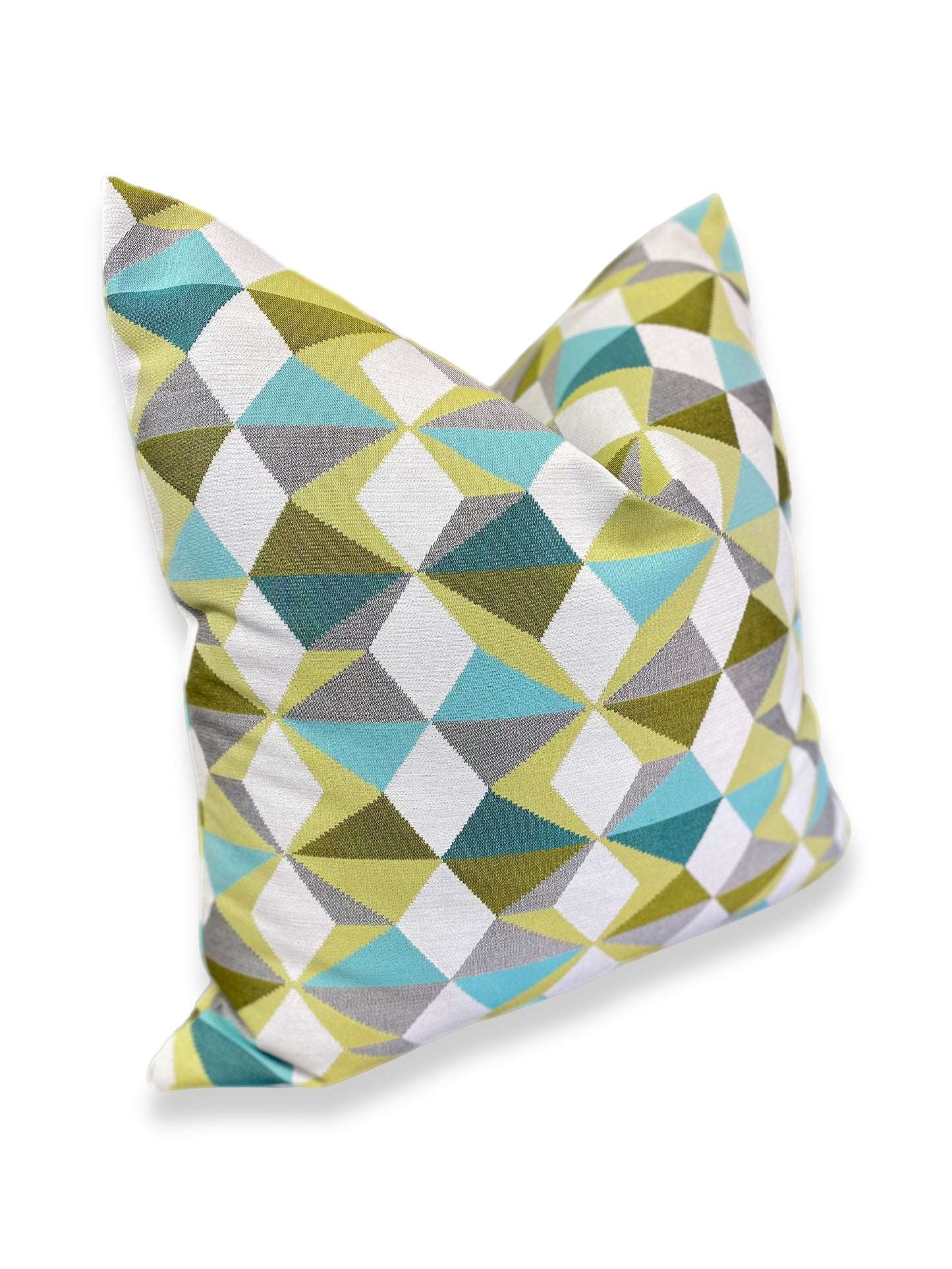 Luxury Pillow -  24" x 24" -  Movie Colony- A classic Palm Springs color pallet of lime, teal, turquoise, and gray on a bright white background in a modernistic geometric pattern