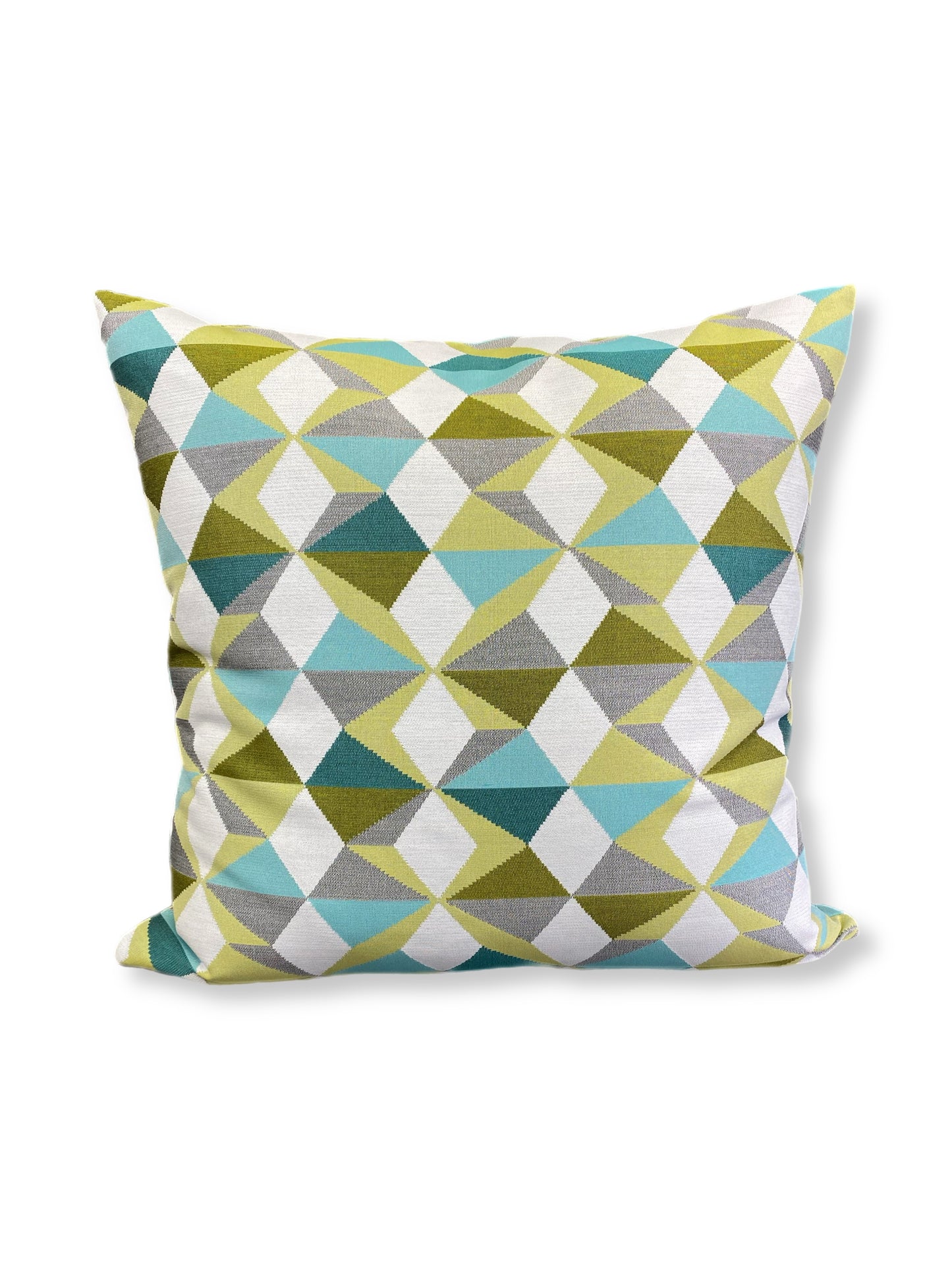 Luxury Pillow -  24" x 24" -  Movie Colony- A classic Palm Springs color pallet of lime, teal, turquoise, and gray on a bright white background in a modernistic geometric pattern