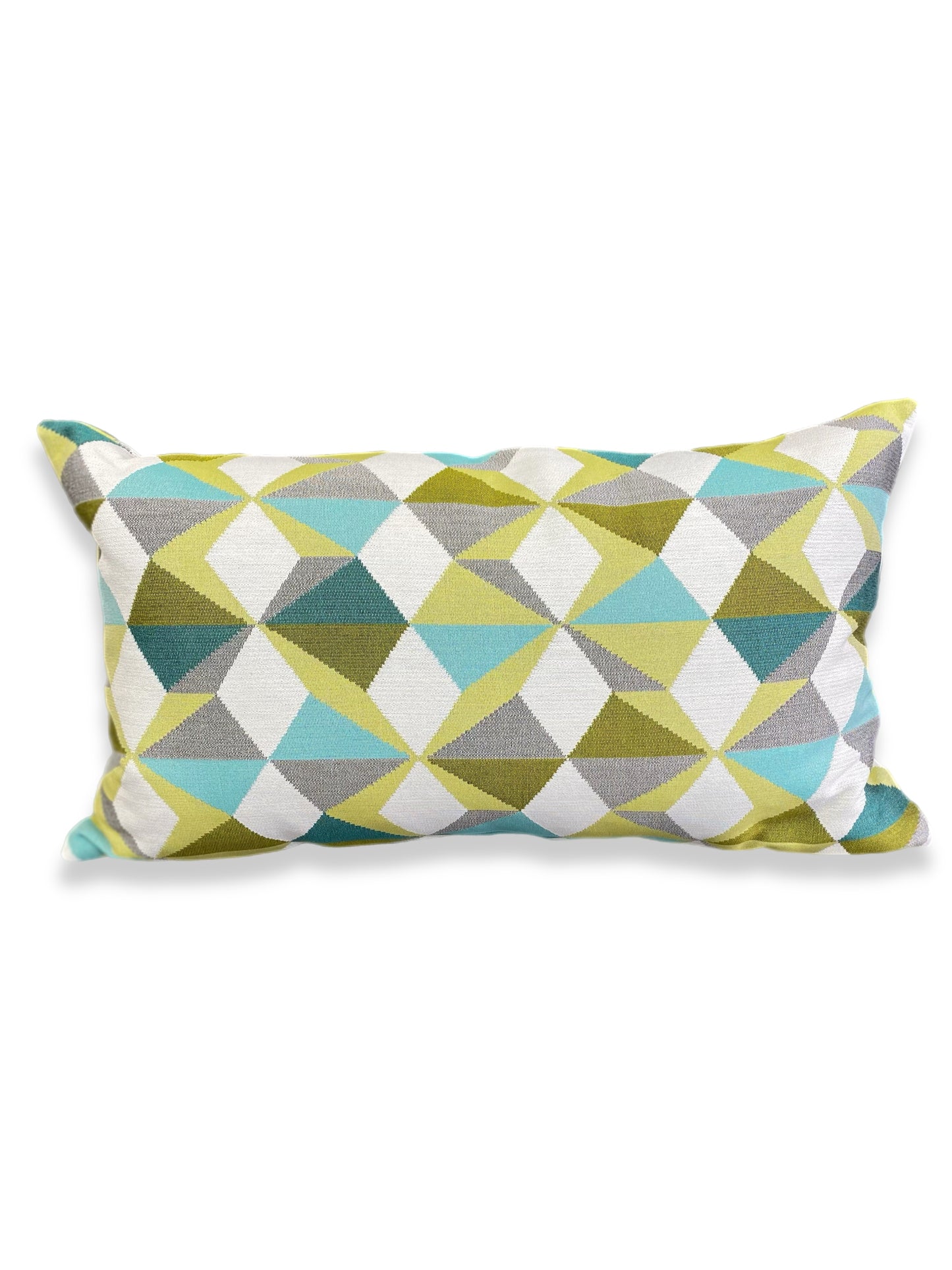 Luxury Lumbar Pillow - 24" x 14" - Movie Colony- A classic Palm Springs color pallet of lime, teal, turquoise, and gray on a bright white background in a modernistic geometric pattern