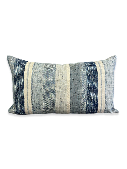 Luxury Lumbar Pillow - 24" x 14" - Prologue-Indigo; A multi textural linen striped fabric embroidered with  hues of denim bluesand tan. same on both sides