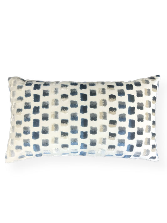 Luxury Lumbar Pillow - 24" x 14" - Impasto-Pacific; Fringed squares of taupe, grays, blues & white on a cream linen background