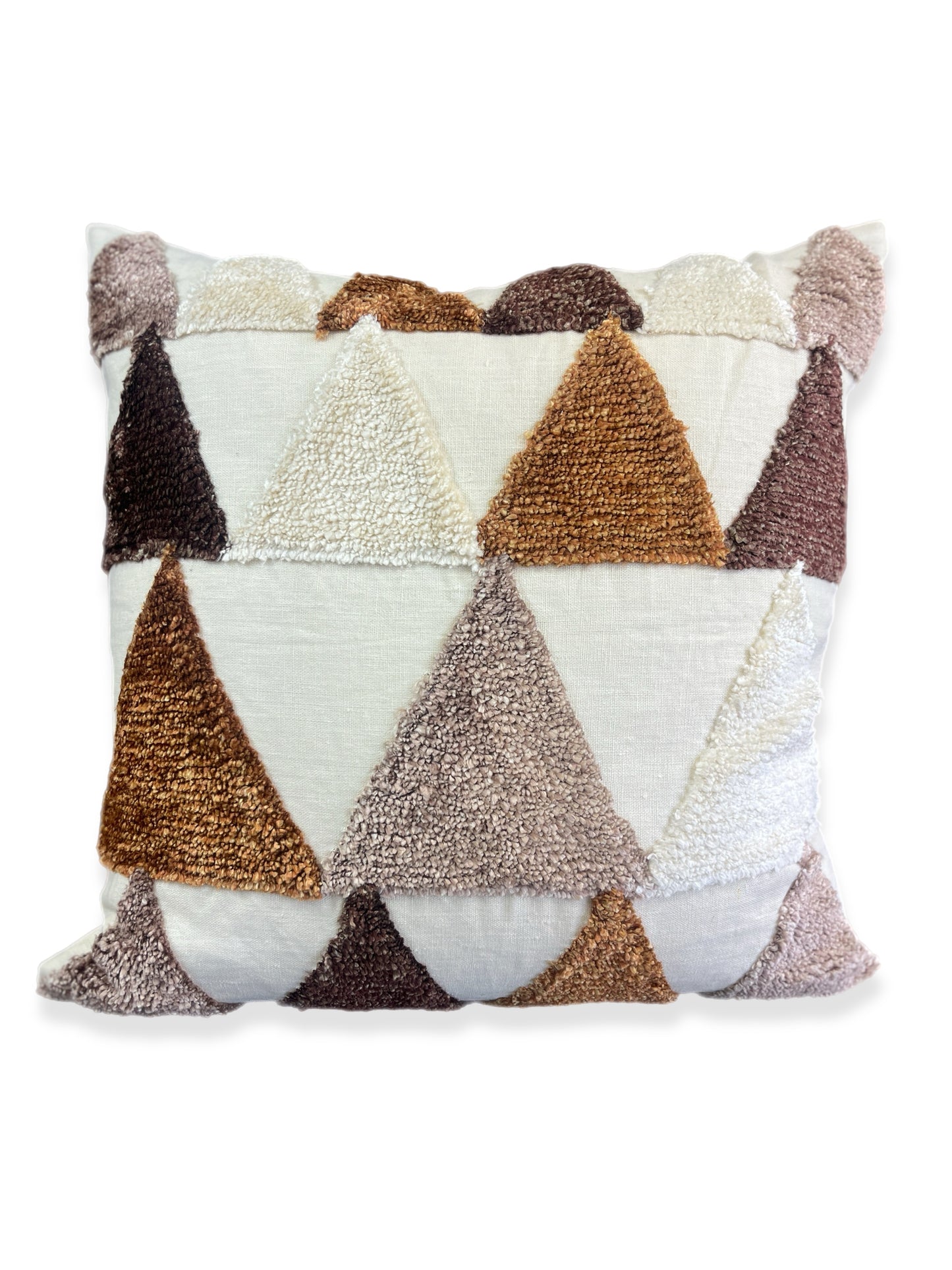 Luxury Pillow -  24" x 24" - Desert Pyramids; Warm tones of brown, cream, taupe, and white in soft bouclé pyramids on a cream linen background