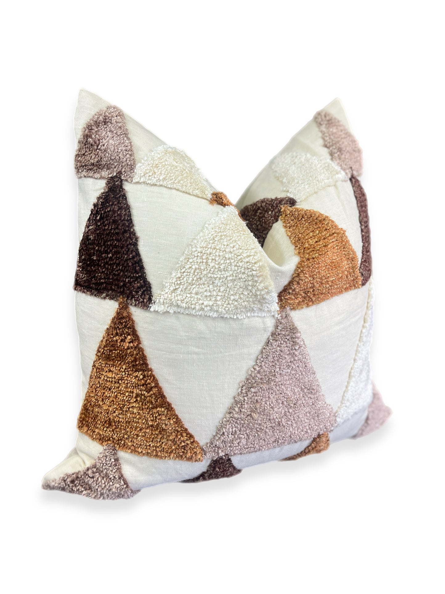 Luxury Pillow -  24" x 24" - Desert Pyramids; Warm tones of brown, cream, taupe, and white in soft bouclé pyramids on a cream linen background