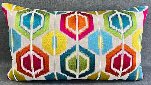 Luxury Lumbar Pillow - 24" x 14" -  Palm Springs-Modern; hexagons in bright pops of teal, aqua, orange, red, yellow, and green on an ivory background