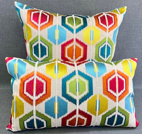 Luxury Lumbar Pillow - 24" x 14" -  Palm Springs-Modern; hexagons in bright pops of teal, aqua, orange, red, yellow, and green on an ivory background