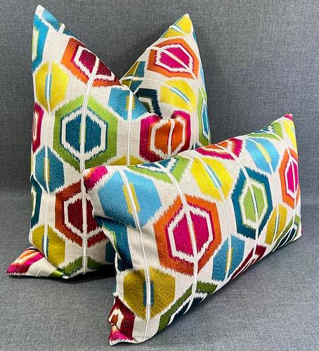 Luxury Lumbar Pillow - 24" x 14" -  Palm Springs-Modern; hexagons in bright pops of teal, aqua, orange, red, yellow, and green on an ivory background