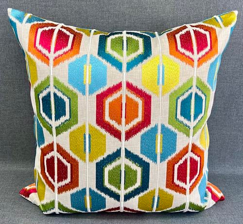 Luxury Pillow -  24" x 24" -  Palm Springs-Modern; hexagons in bright pops of teal, aqua, orange, red, yellow, and green on an ivory background